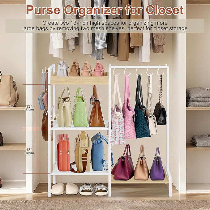 2-in-1 Shoe Rack for Closet with Purse Organizer, 5 Tier Shoes Shelf with Wooden Tray and Removable Shelves, Storage Organize
