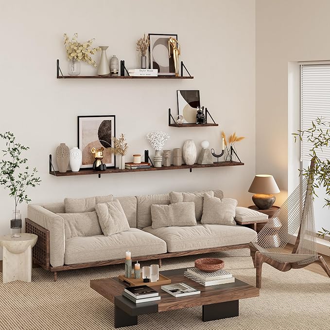 Floating Shelves for Wall, 15.7W x 8D Wide Bookshelf with Brackets Set of 3, Wood Wall Mounted Shelves for Living Room, Kitch