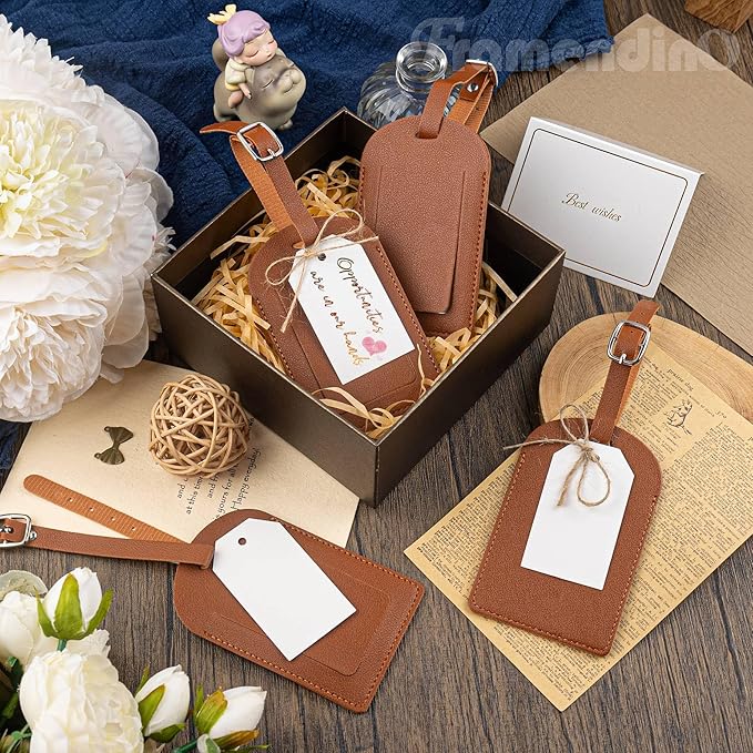 Framendino, 48 Sets Wedding Favors Luggage Tag PU Leather Travel Tags with Name ID Card for Bridal Shower Brown