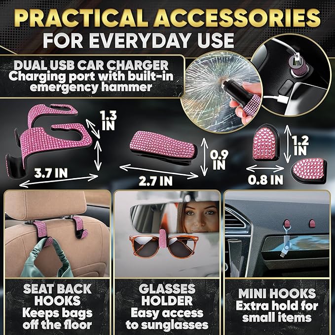 Pink Car Accessories Set, 27 Pieces – Bling Car Accessories for Interior Styling with Rhinestone Details for Daily Use, Universal Fit Kit for Steering Wheel, Vents, Mirror Area, Great Gift for Women