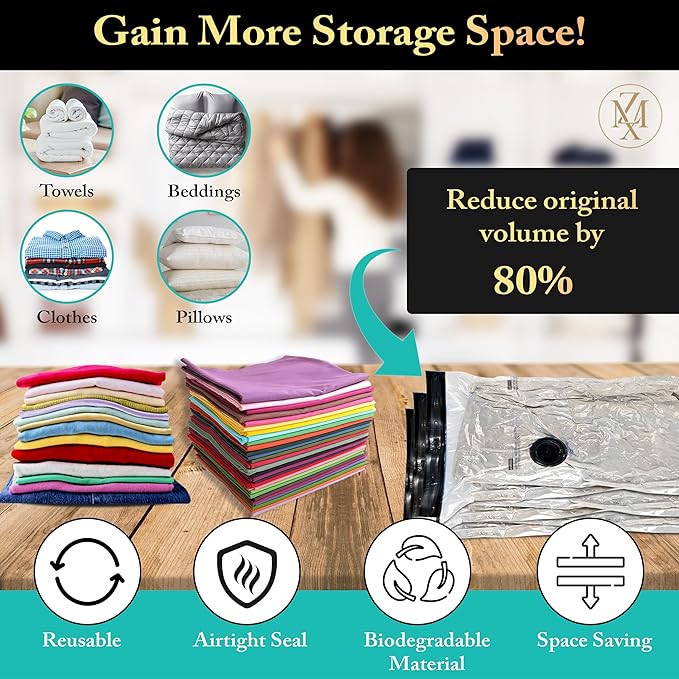Vacuum Storage Bags – 12 Pack with Hand Pump | Space Saver Compression Bags for Clothes & Bedding | Extra Thick, Airtight Dou