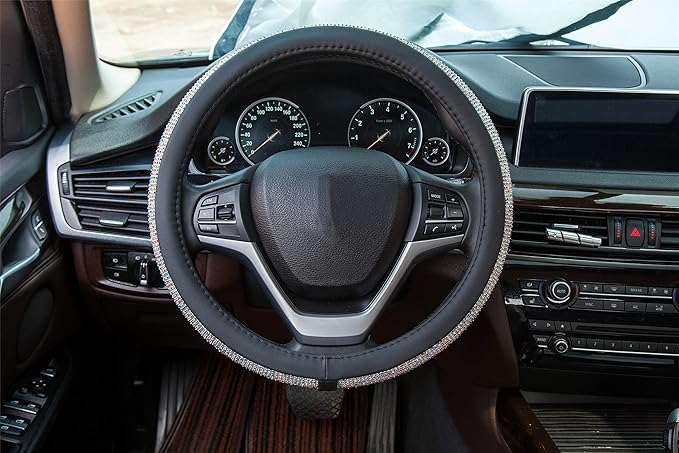 New Diamond Leather Steering Wheel Cover with Bling Bling Crystal Rhinestones, Universal Fit 15 Inch Car Wheel Protector for 