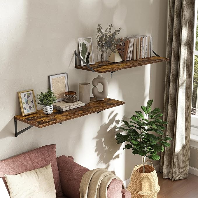 Deep Floating Shelves Wall Mounted, 36"x12" Brown Wood Shelves with Brackets Set of 2 for Bedroom, Living Room, Bathroom, Kit
