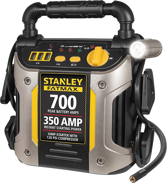 Stanley J7CS 700 Peak Amp Automotive Jump Starter, Portable Power - Triple 15W USB Ports, 120 PSI Air Compressor