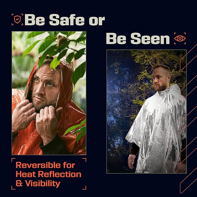 PREPARED4X Emergency Mylar Poncho – Survival Rain Poncho with Hood – Lightweight, Compact, Reusable Emergency Blanket Poncho 