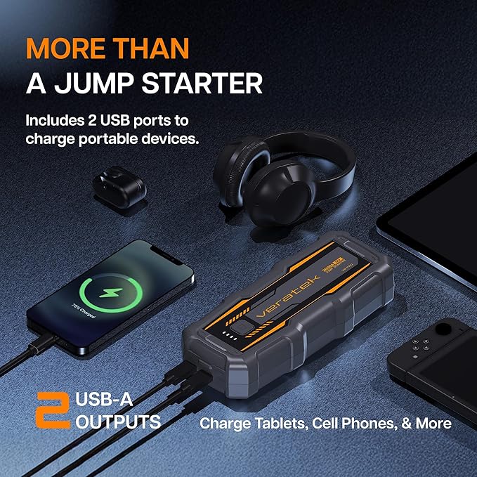ReelCharge - Veratek V8 Pro 3000A Car Battery Jump Starter Portable (8.0L Gas & 6.0L Diesel) - 12V Lithium Battery Booster