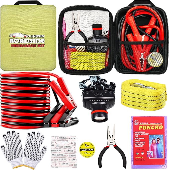 Car Emergency Roadside Tool Kit, Auto Emergency Kits Vehicles, with Jumper Cables kit，Car Safety Roadside Assistance Kit,Head