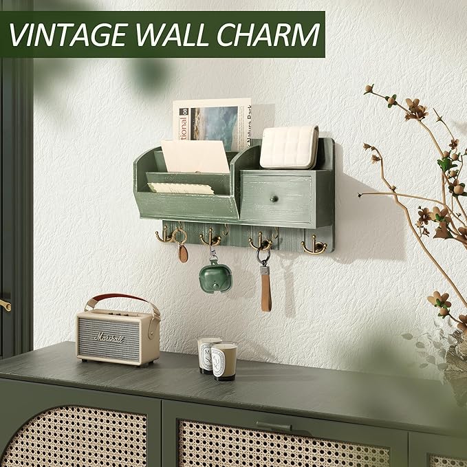 Rebee Vision Farmhouse Key Holder Wall Mount with Mail Sorter - Stylish Mail Organizer with Key Hooks and Drawer Organizer fo