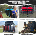 Mockins 2-in-1 Trailer Hitch Cargo Carrier Bench 48"x18"x6" w/ 15 CuFt Waterproof Truck Bed Storage Bag | 500 Lb Capacity Folding Cargo Hitch Carrier Tailgate Seat Bundle w/Stabilizer, Straps, & Lock