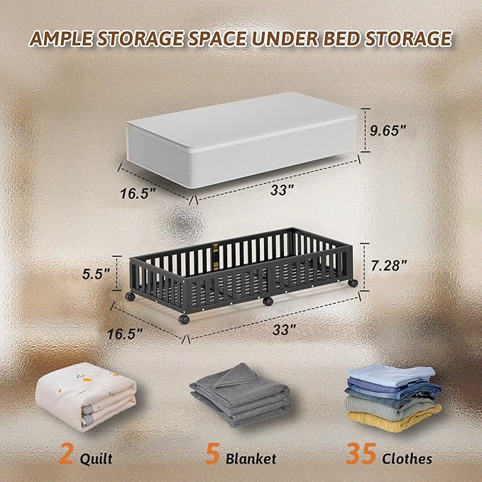 Bamboo Under Bed Storage Containers with Wheels, 2 Pack Large Under the Bed Shoe Storage Bins, Wood Rolling Underbed Drawers 