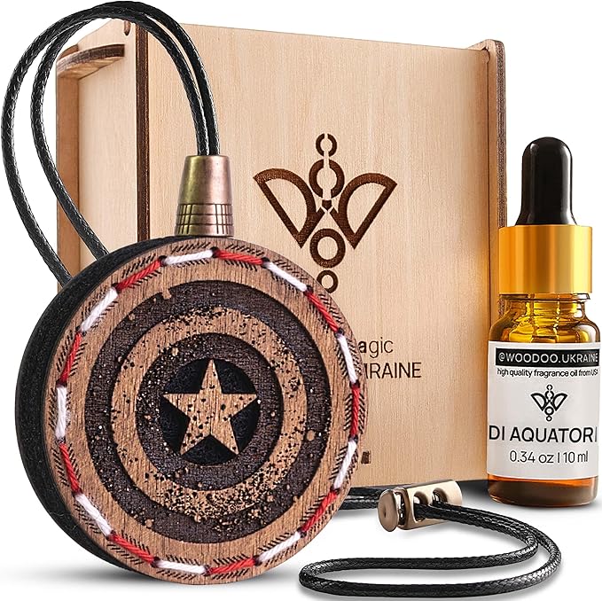 Wood Car Air Freshener — Handmade Car Air Freshener — Captain Shield Designed Fragrance Oil Diffuser in Wooden Gift Box — Aro