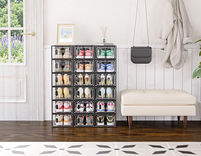 SIMPDIY Shoe Storage, 12 Pack Shoe Organizer for Closet, Shoe Boxes Clear Plastic Stackable Shoe Containers with Lids for Siz