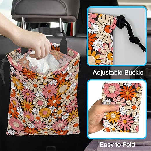 Car Trash Bag Vintage Groovy Flowers Car Garbage Bag Hanging Car Trash Can