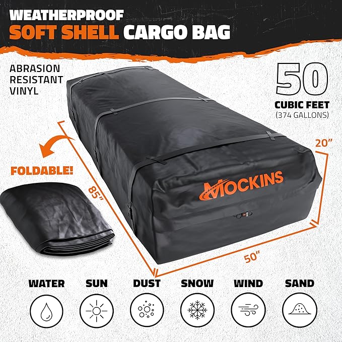 Mockins XXL 50 CuFt Car Rooftop Cargo Carrier Bag | Massive 85"x50"x20" Heavy Duty Car Luggage Roof Carrier Bag | All-Weather Vinyl Vehicle Soft-Shell Carriers with Anti-Slip Mat, Lock, Straps & Hooks