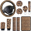 10 Pieces Leopard Print Printing Car Steering Wheel Cover Center Console Armrest Pad Headrest Seat Belt Cover Handbrake Cover Keychain Coaster Full Set Car SUV(Brown)