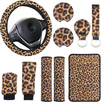 10 Pieces Leopard Print Printing Car Steering Wheel Cover Center Console Armrest Pad Headrest Seat Belt Cover Handbrake Cover Keychain Coaster Full Set Car SUV(Brown)