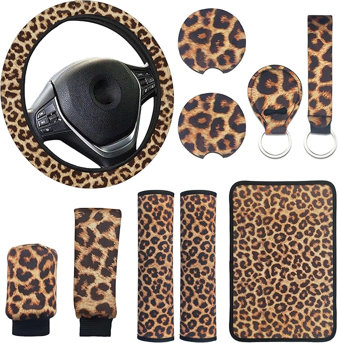 10 Pieces Leopard Print Printing Car Steering Wheel Cover Center Console Armrest Pad Headrest Seat Belt Cover Handbrake Cover Keychain Coaster Full Set Car SUV(Brown)