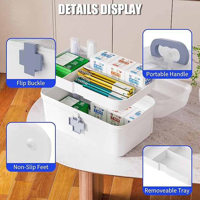 2-Pack Medicine Storage Box, Small & Large Portable Medicine Cabinet Organizer with Trays, Plastic First Aid Box Empty for Fa