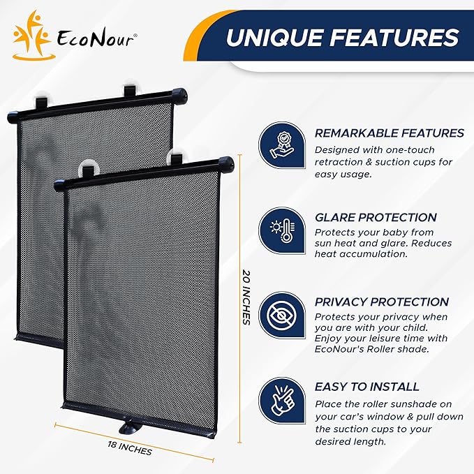 EcoNour Car Window Shades for Baby (2 Pack) - Upgraded | Shades for Side Window | Comes with Enhanced Suction Cups & Large Clips for Durability | Baby Car Accessories (18" x 20")
