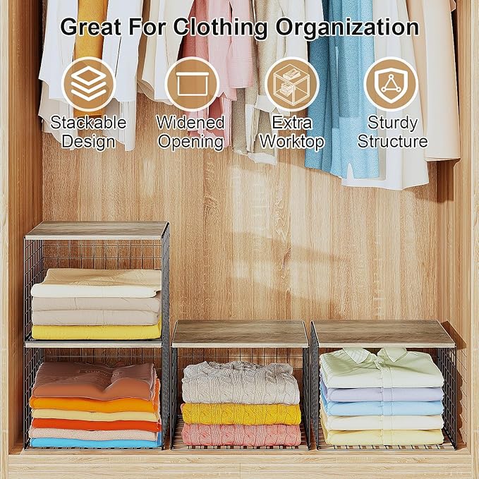 4PCS Wider Closet Organizers and Storage, Stackable Closet Shelf Organizer Storage Bins with Wood Top for Sweaters Jeans, Clo