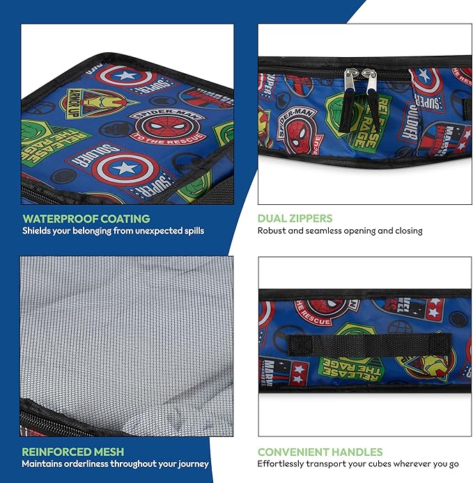 Marvel Comics 5-Piece Packing Cube Set - Spiderman, Ironman, Captain America - 5 Piece Packing Cubes Compression Travel Essen