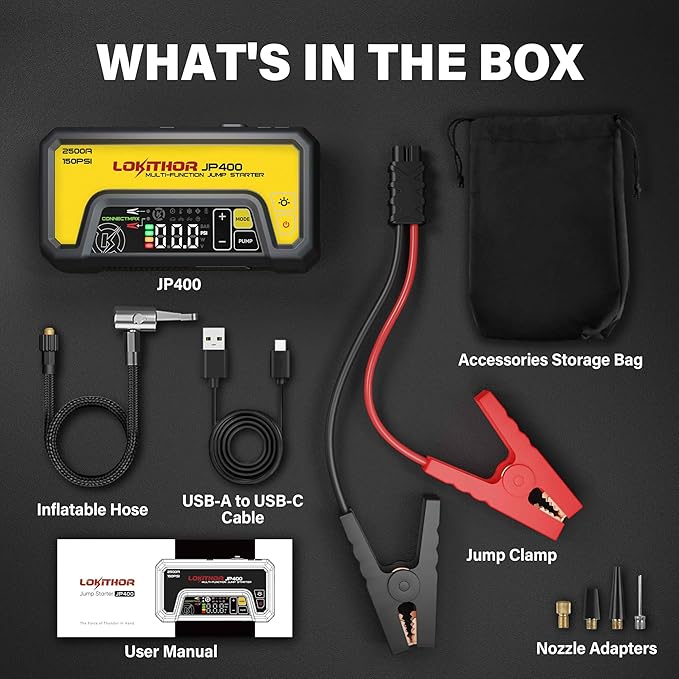 LOKITHOR JP400 Jump Starter with Air Compressor, 2500A 12V Portable Car Battery Booster Pack (8.5L Gas/6.5L Diesel) with