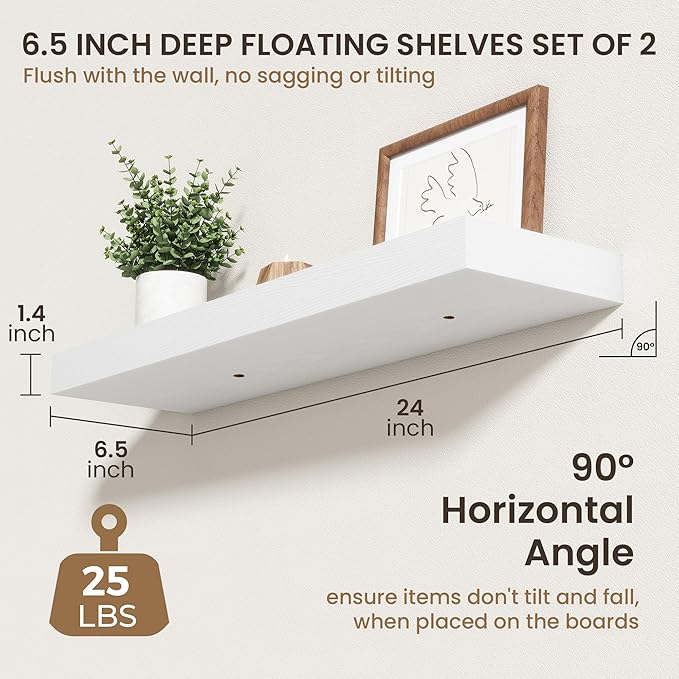 24 Inch Floating Shelves | 6.5 Inch Deep White Floating Shelves Set of 2 | 24" W x 6.5" D Rustic White Wood Wall Shelves with
