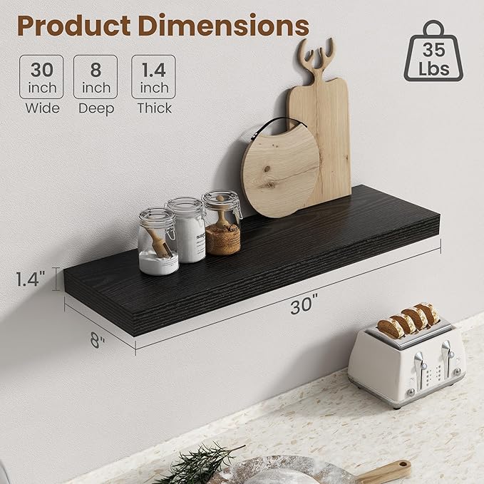 30 Inch Floating Shelves for Wall, 8 Inch Deep Floating Shelf for Storage & Display, Rustic Wall Mounted Shelf with Invisible
