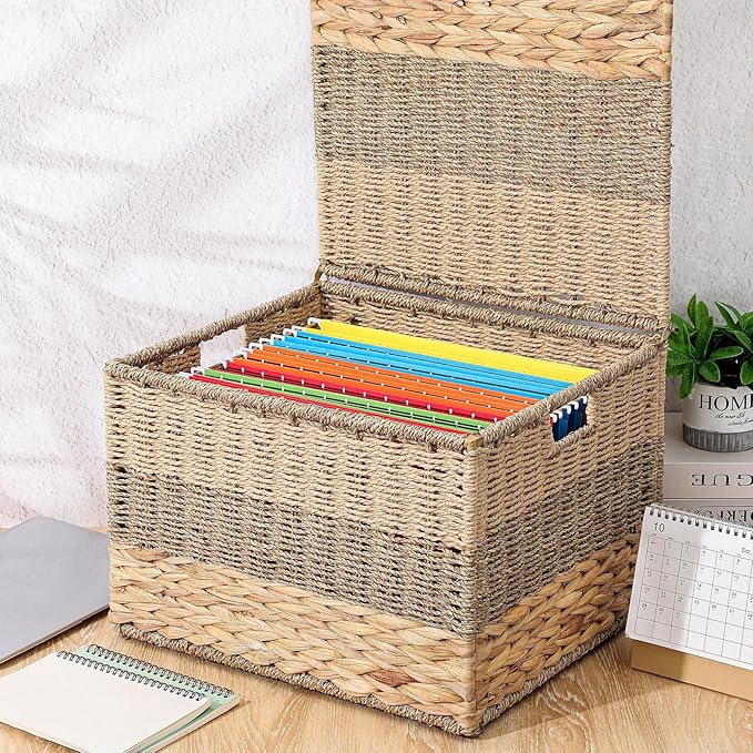 Cinnvoice Extra Large Decorative File Box 18 x 16 x 13 in Wicker Seagrass File Basket Organizer for Letter Legal Size Hand Wo