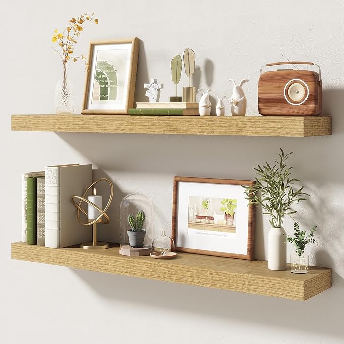 36 Inch Floating Shelves | 6.5 Inch Deep Oak Floating Shelves Set of 2 | 36" W x 6.5" D Rustic Oak Shelves with Invisible Bra