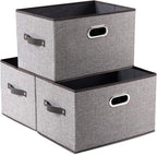 PRANDOM Larger Collapsible Storage Bins for Closet [3-pack] Decorative Linen Fabric Storage Baskets Cubes with Leather/Metal 