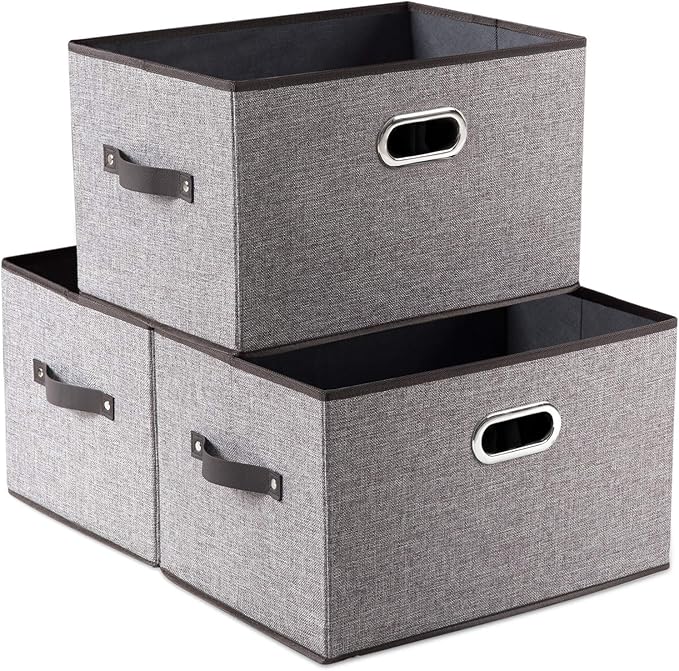 PRANDOM Larger Collapsible Storage Bins for Closet [3-pack] Decorative Linen Fabric Storage Baskets Cubes with Leather/Metal 