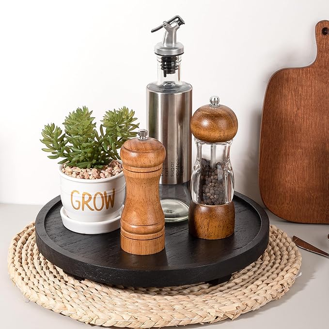 Round Decorative Tray Wood Bathroom Counter Organizer Farmhouse Kitchen Decor Wooden Riser for Soap Dish, Perfume, Candle, Sp