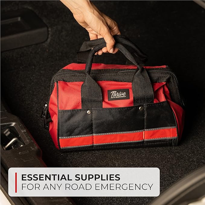 Thrive Car Emergency Kit & Roadside Emergency Car Kit - 104-Piece Set, Red Canvas Bag, Universal Fit - Jumper Cables, Escape 
