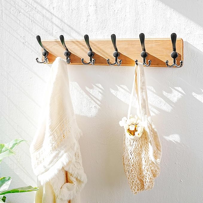 Dseap Coat Rack Wall Mounted - 24" Long 6 Tri Hooks, Heavy Duty Wooden Wall Coat Hanger Coat Hook for Clothes Hat Jacket Clot