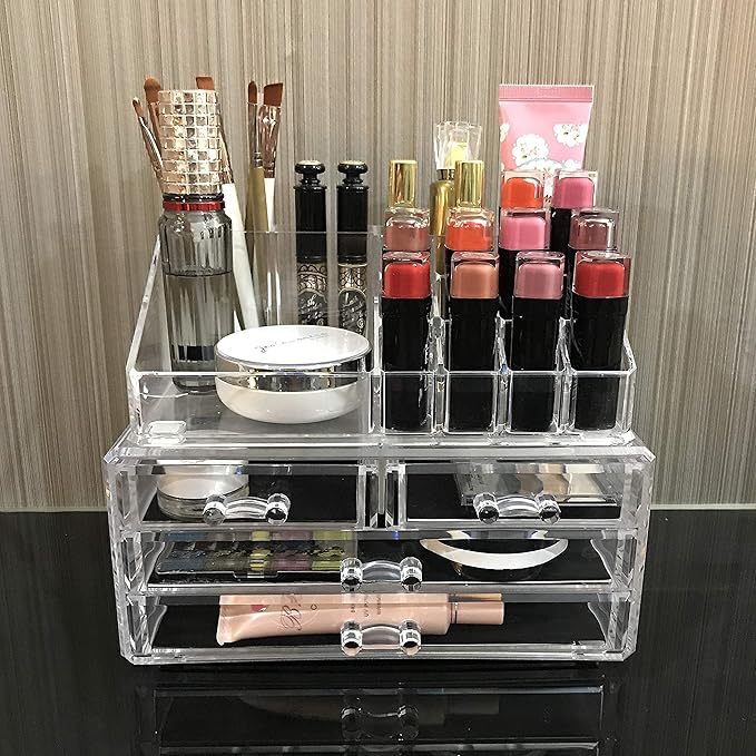 Ikee Design Acrylic Makeup Organizer with 4 Drawers and Removable Top Lipstick Holders, Ideal for Make-up or Accessories,Enha