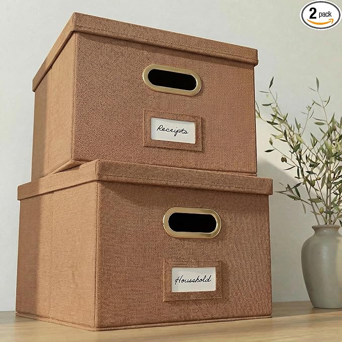 ZICOTO Decorative File Organizer Box Set of 2 - Collapsible Linen Filing Cabinets w/Handles Are Perfect to Store all Your Doc