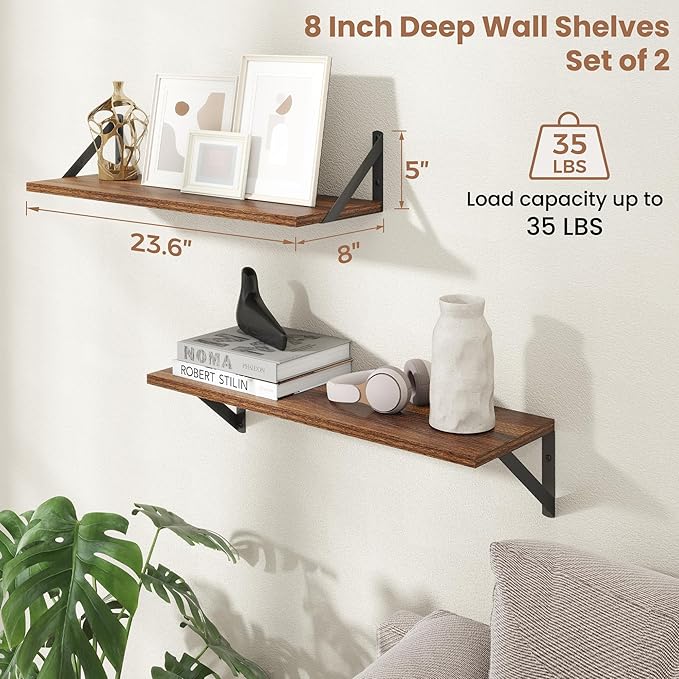 Axeman 24 Inch Floating Shelves | 8 Inch Deep Walnut Wall Shelves Set of 2 | 24W x 8D Rustic Wood Shelves for Bookshelf Livin