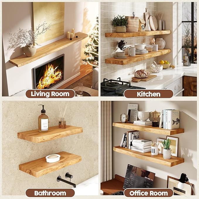 fuqing Live Edge Floating Shelves for Wall 20 inch, 8 Inch Deep Solid Elm Wood Floating Wall Shelves - Rustic Wooden Shelves 