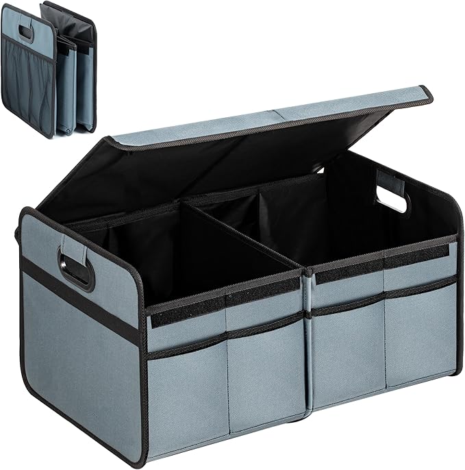 Simple Deluxe Car Trunk Organizer with Lid, Collapsible 2 Compartment 50L Automotive Storage Box with 5 Pocket, 600D