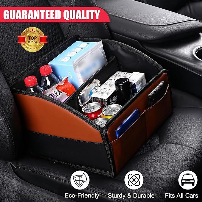 [2025 UPDATED] Leather Car Seat Organizer, Foldable Storage Box for Front Seat, Back Seats & Floor - Removable Divider,
