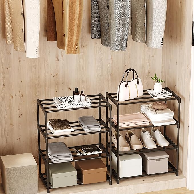 Metal Small Shoe Rack,Stackable Kids Shoe Stand,Narrow Shoe Storage Shelf for 8-10 Pairs of Shoes Entryway and Closet Hallway