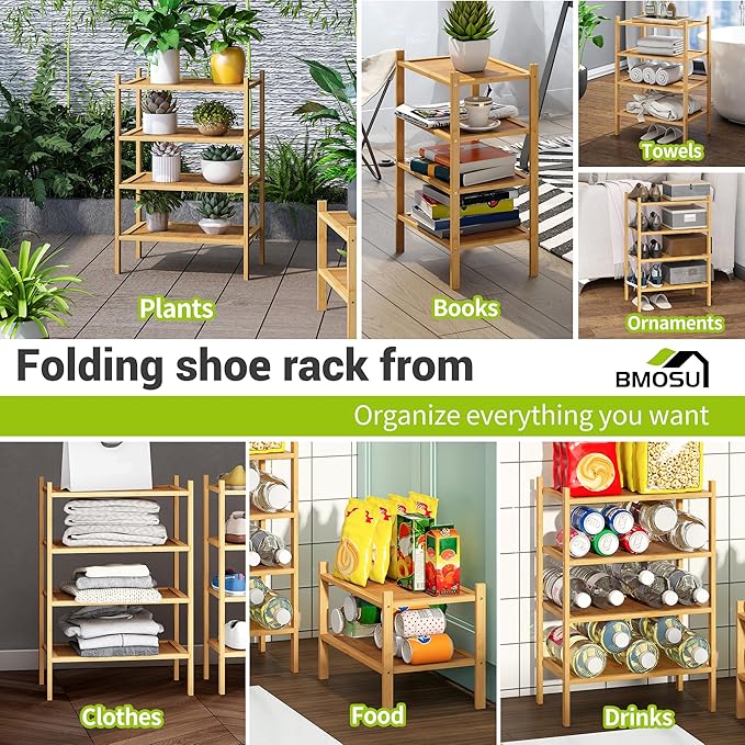 BMOSU 4-Tier Bamboo Small Shoe Rack Premium Stackable Shoe Shelf Storage Organizer for Hallway Closet Living Room Entryway Or