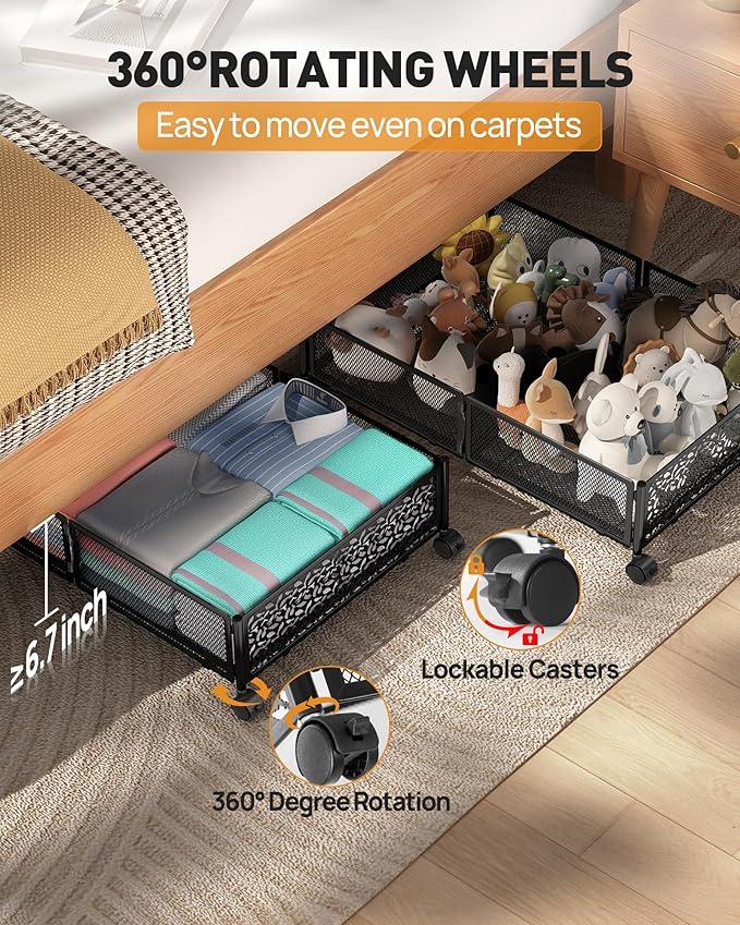Under Bed Storage With Wheels, 4 Pack Foldable Pattern Carved Metal Under Bed Storage Containers, 60L Rolling Underbed Storag