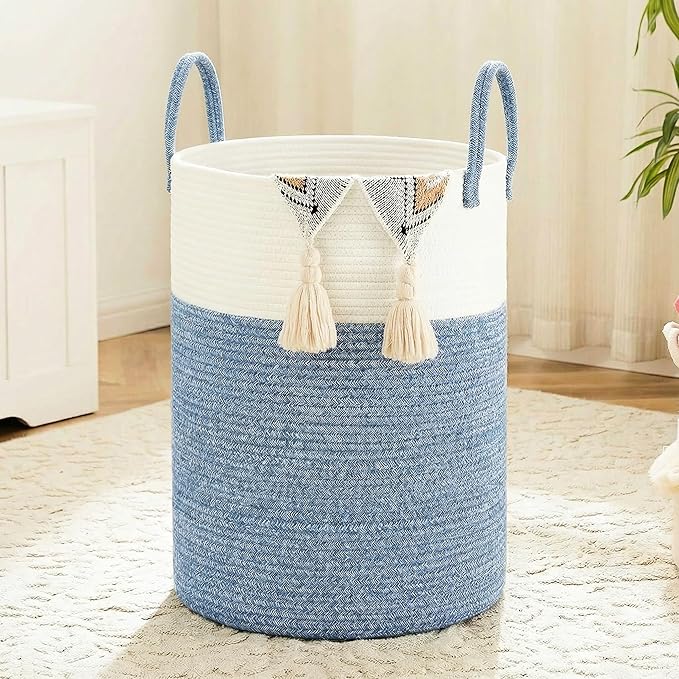 Laundry Basket,Woven Cotton Rope Laundry Hamper,100L for Decor Storage of Dirty Clothes,Toys and Blankets in Bathroom,Baby Ro