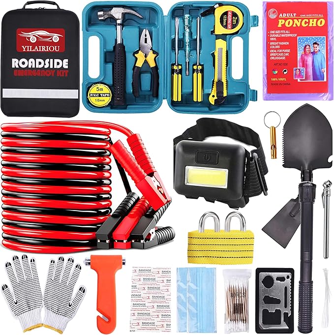 Car Roadside Emergency Kit, with Jumper Cables Automotive Kit,Car Safety Roadside Assistance Kit Headlamp,Tow Straps, Safety 