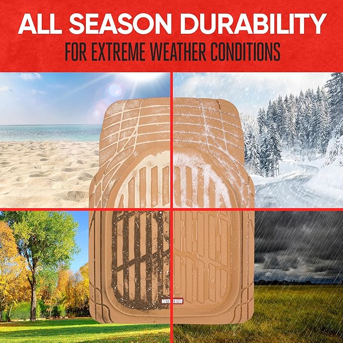 Motor Trend FlexTough Floor Mats for Cars, Beige Deep Dish All-Weather Mats, Waterproof Trim-To Fit Automotive Floor Mats for Cars Trucks SUV, Universal Floor Liner Car Accessories