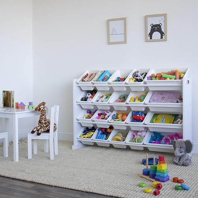 Humble Crew Extra-Large Toy Organizer with 20 Plastic Bins – White/White Storage Rack with 4-Tier Shelves, Anti-Tip Safety, f