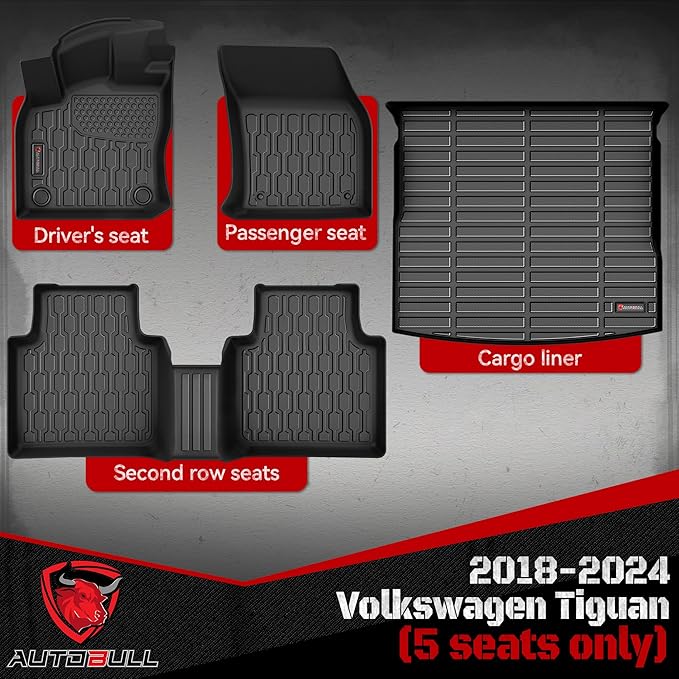 Floor Mats & Cargo Liner Compatible with 2018-2024 Volkswagen Tiguan 5 Seats ONLY VW Cargo Mat, Full Set All Weather Protection, 1st, 2nd Row Car Liners & Trunk Mat, Black
