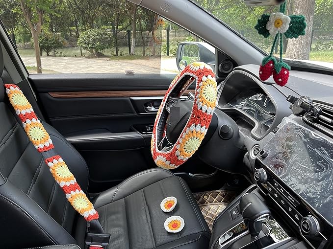 Crochet Sunflower Car Steering Wheel Covers Orange Universal 14-15 inch for Women/Men (Wheel Covers+2belt Covers+2Car Coasters+Strawberry)